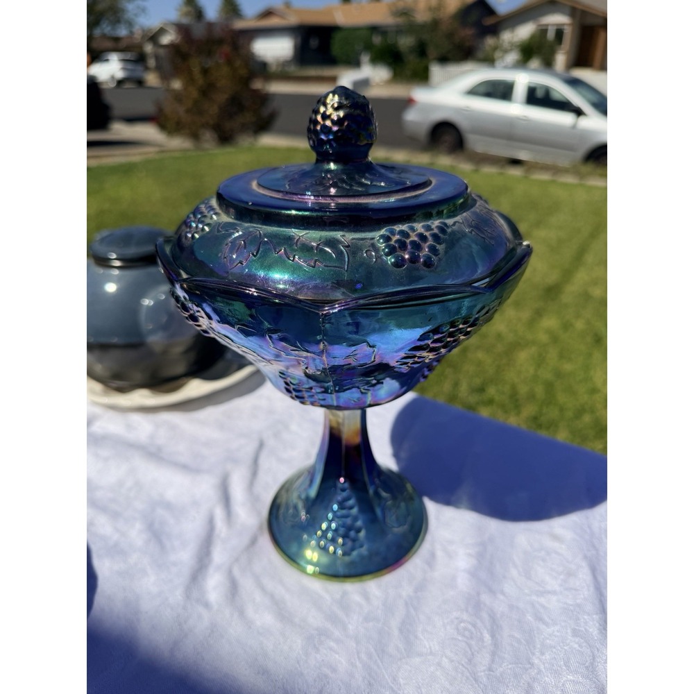 Vintage Indiana Blue Carnival Glass Harvest Grape Covered Pedestal Candy Dish